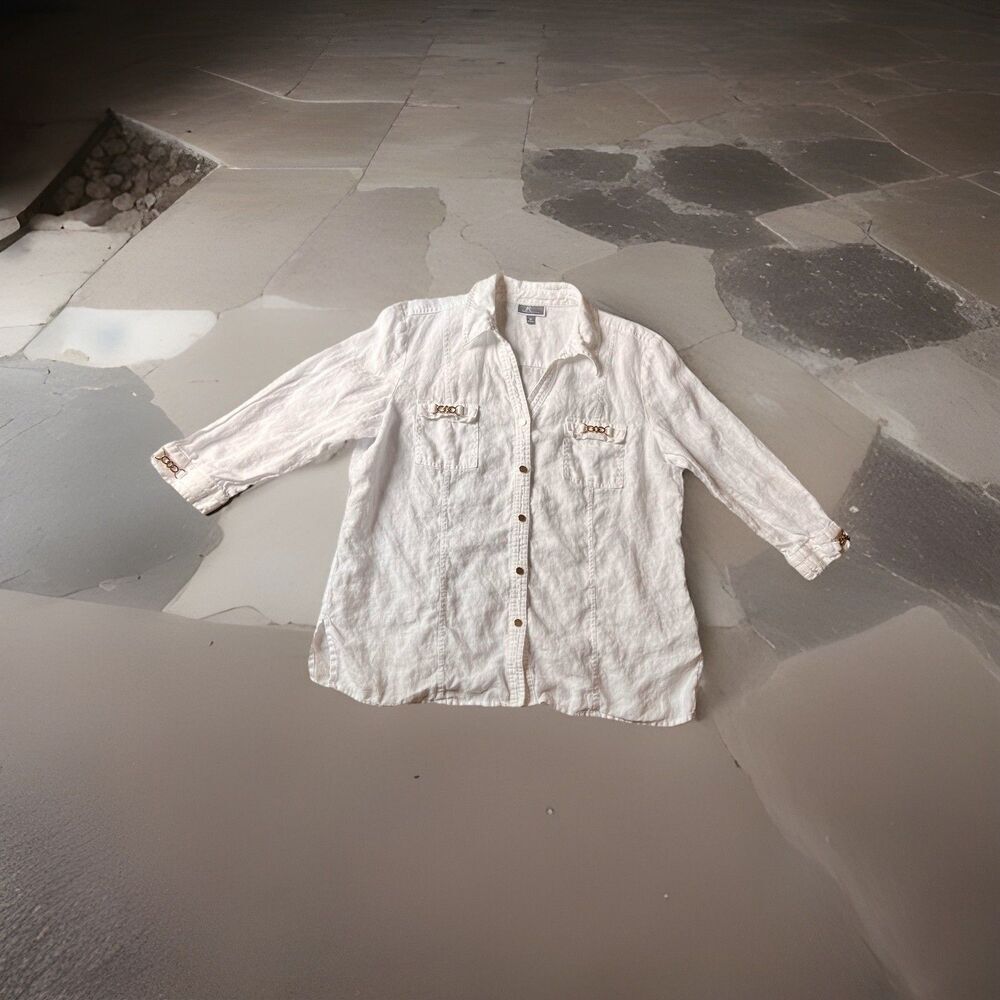 JM Collections Women’s Top 16‎  100% Linen Button Up White Gold